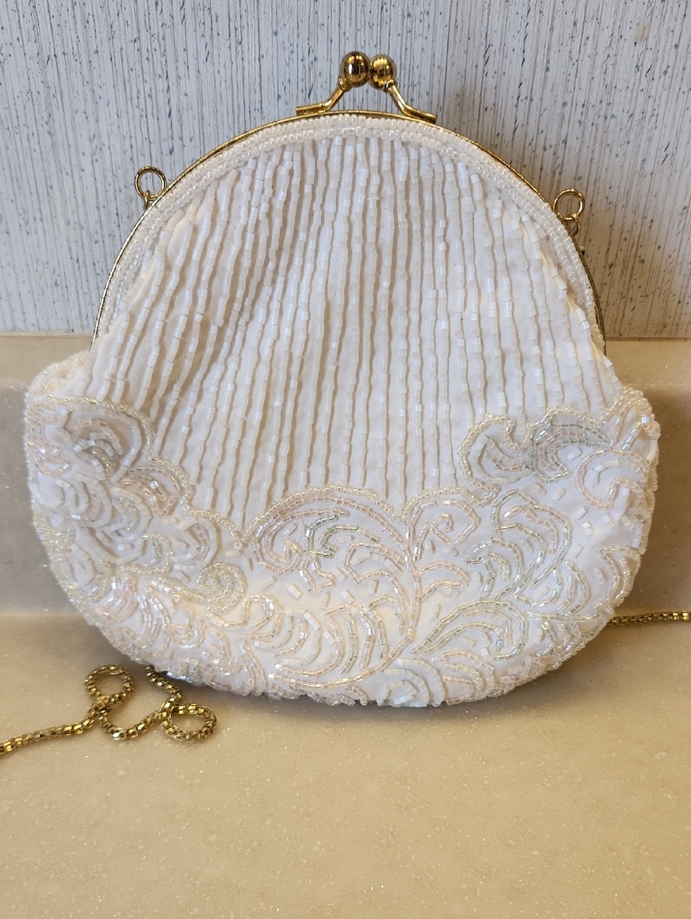 La Regale White Beaded Evening Clutch with Gold Frame